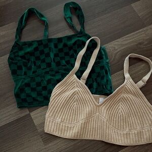 wild fable Green Checkerboard Crop Top & Cream Ribbed Bralette Set
